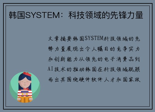 韩国SYSTEM：科技领域的先锋力量