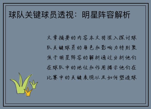 球队关键球员透视：明星阵容解析