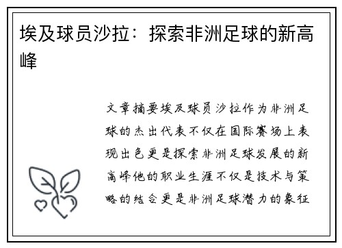 埃及球员沙拉：探索非洲足球的新高峰